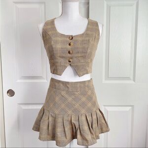 Cider brown plaid two piece vest and mini skirt